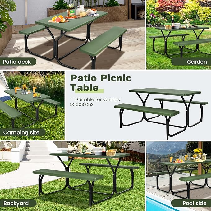 COSTWAY Outdoor Picnic Table, HDPE Plastic Picnic Table Bench Set with Weather Resistant Tabletop & Wood Texture, Ideal for Patio, Backyard (59" D x 54" W x 28.5" H,Green)