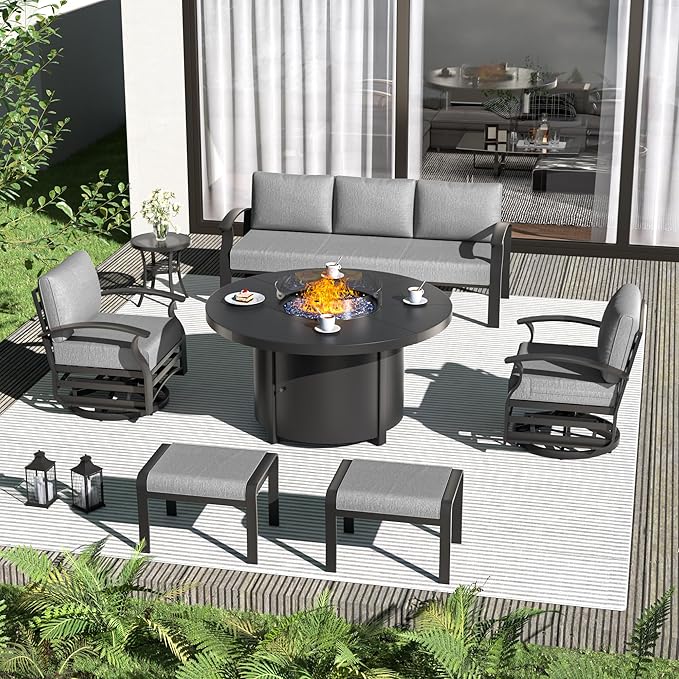 ALAULM Aluminum Patio Furniture Set with Round Propane Fire Pit Table 7-seat Metal Outdoor Furniture w/Swivel Chairs & 2 Ottomans Patio Sectional Sofas for Patio, Lawn, Poolside（Grey