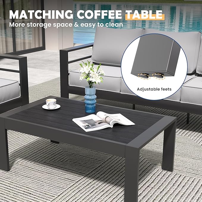 Amopatio Aluminum Patio Furniture Set, 8 Pieces Modern Patio Conversation Sets, Outdoor Sectional Metal Sofa with Coffee Table for Balcony, Garden (Included Waterproof Covers)