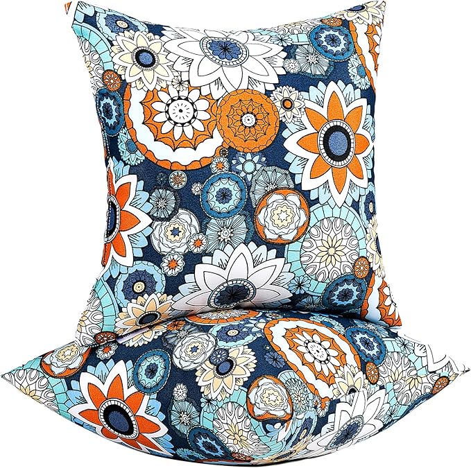 JMGBird Outdoor Pillows Set of 2 with Inserts - 18x18 Waterproof Throw Pillows for Patio Furniture, Navy Blue Sunflower Decorative Cushions