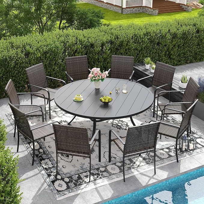 DIFY 11 Piece Outdoor Dining Set, Patio Table and Chairs Set for 10 with Umbrella Hole, 60" Black Round Dining Table & Stackable Wicker Patio Chairs, Metal Patio Furniture Set for Garden Backyard