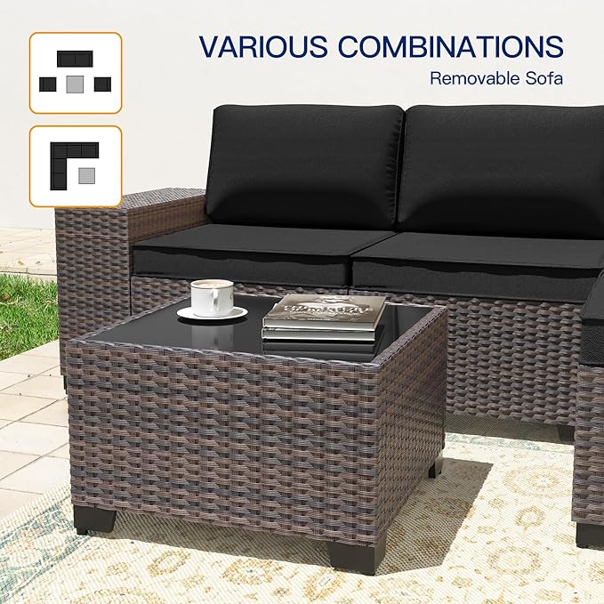6 Pieces Patio Furniture Sets with Glass Tea Table,PE Rattan Wicker Patio Conversation Set with Washable Cushions,Outdoor Patio Sectional Furniture Set for Backyard, Poolside, Garden,Black