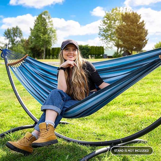 SUNCREAT Hammocks Outdoor Camping Double Hammock with Spreader Bar, Carrying Bag, Fabric Hammock for Backyard, Navy & Blue