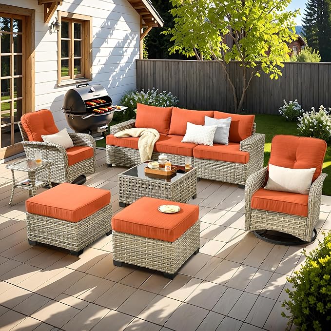 9 Pcs Outdoor Sectional Patio Furniture Set with Swivel Rocking Chair and Ottomans - All Weather Wicker Outside Sectional Couch,Patio Seating Outdoor Conversation Sets for Deck Yard Garden,Orange Red