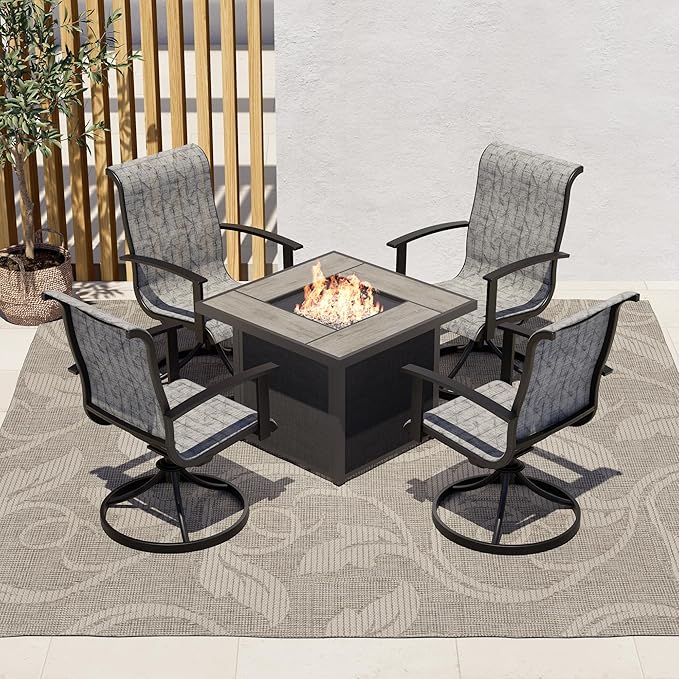 Grand patio 5-Piece Outdoor Furniture Conversation Sets with 32 Inch CSA Approved 40000 BTU Heat Propane Gas Fire Pit Table Outdoor Swivel Rocking Chair 4-Piece Black & Grey Plaid Dining Chair Set