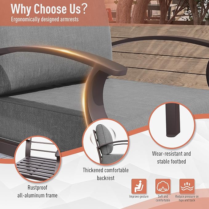 Kurapika Aluminum Patio Furniture Set 7-Seat Modern Metal Outdoor Conversation Sets w/Swivel Rocking Chairs Patio Sectional Sofa w/5.1 Inch Cushion, Grey