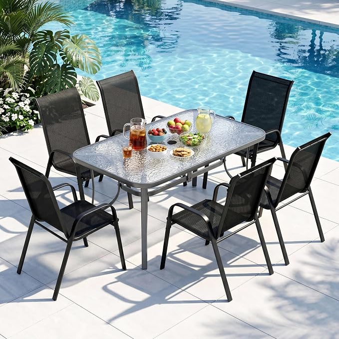 Arlopu 7-Piece Outdoor Table and Chairs for 6, Outdoor Dining Set W/Rectangle Glass Table and Patio Textilene Stackable Chairs, Patio Furniture Set W/Umbrella Hole (Grey Table & Black Chair)
