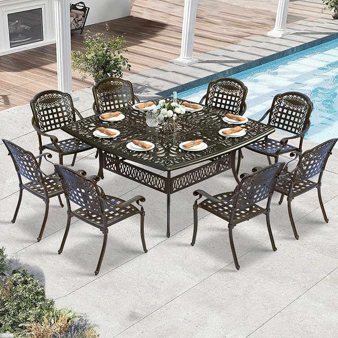 9 Piece Outdoor Patio Dining Set for 8, Cast Aluminium Large Square Dining Table & 8 Stackable Chairs, Umbrella Hole, Patio Furniture Set for Garden Porch Poolside, Dark Bronze