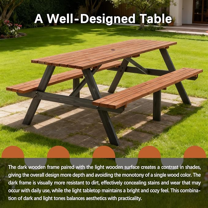 KEIKI 75" Solid Wood Picnic Table Set with Benches, Heavy-Duty Outdoor Dining Table for 6–8 People, Patio Table with Umbrella Hole, Rustic Brown for Backyard, Lawn, 2220lb Capacity, Brown/Black