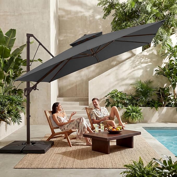 JEAREY 11ft 2-Tier Cantilever Patio Umbrella, Large Square Outdoor Offset Umbrella with Double Top Vent and 360-degree Rotation for Garden, Deck, Pool, Patio, Gray