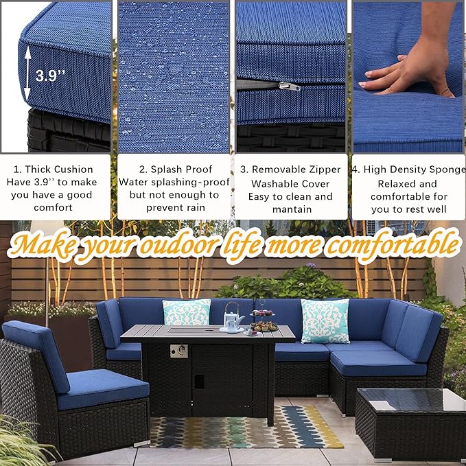 8 PCS Patio Sofa Set with Firepit Table Tempered Coffee Table Outdoor Sectional Set Patio Conversation Set Patio Furniture Sets All Weather with Thick Cushion, Rattan Handwoven