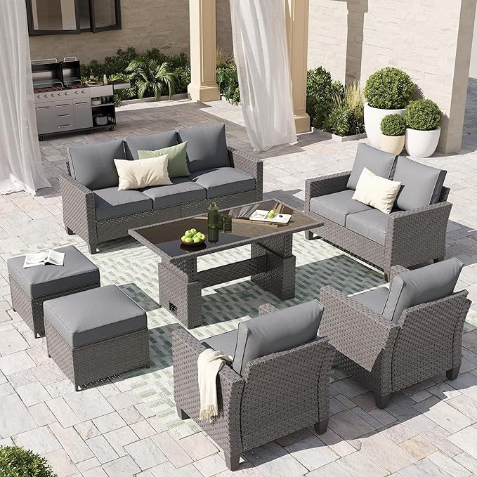SUNSITT Outdoor Patio Furniture Set 7 Piece Wicker Conversation Set with Lift Coffee Table Sectional Dining Set 3 Seat Sofa Couch with Loveseat Ottoman, Grey Wicker & Grey Cushion