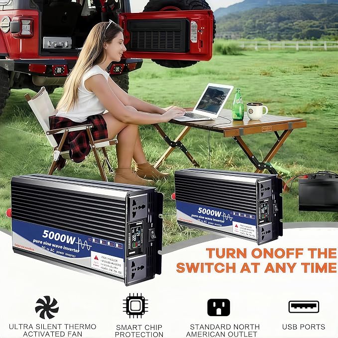 5000W Power Inverter 12V DC to 110V AC Converter with LED Display Dual AC Outlets Dual Fans Radiating for RV, Camp, Boat and Home Emergency Portable Pure Sine Wave Inverter (Smart Screen, 5000W 12V)