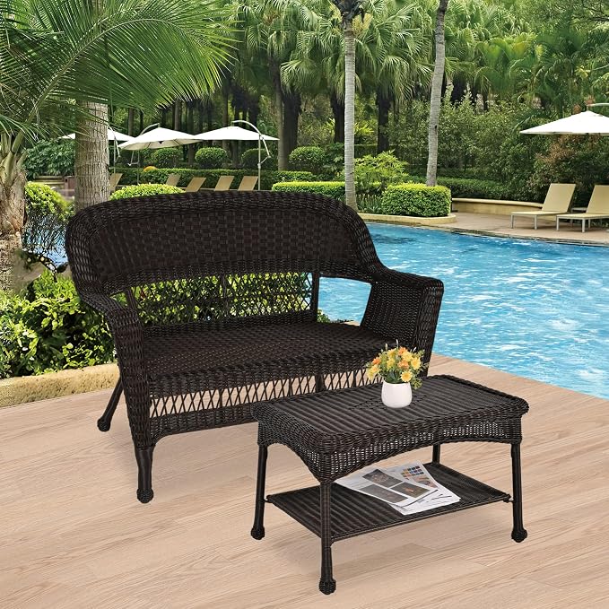 Jeco Wicker Patio Love Seat and Coffee Table Set without Cushion, Espresso