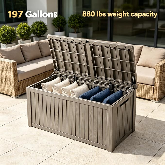 197 Gallon Large Resin Outdoor Storage Box, Waterproof Deck Box, Lockable Deck Container with Reinforced Support, Outdoor Chest for Patio Accessories, Outdoor Cushions, Garden Tools, Taupe Gray
