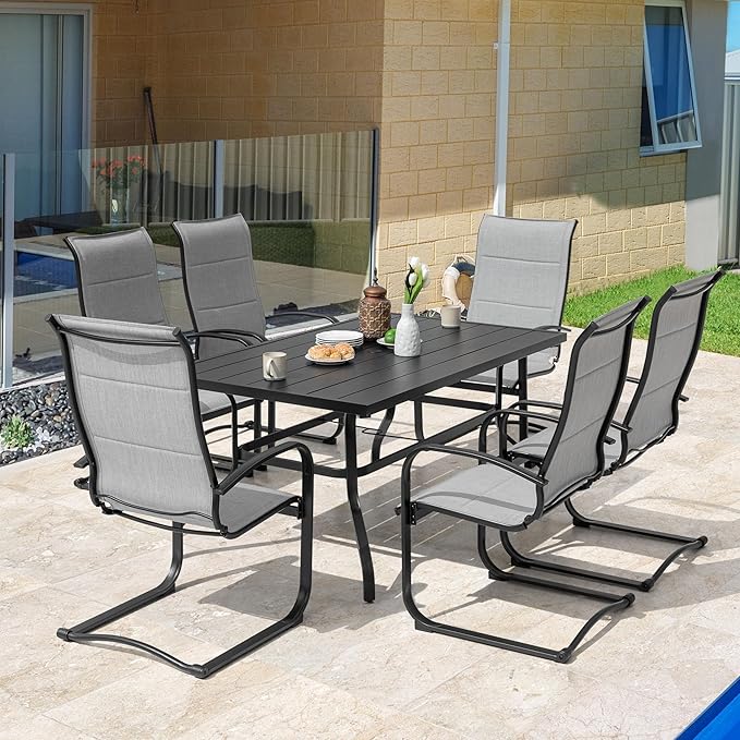 NUU GARDEN 7 Piece Outdoor Dining Set, 6 Textilene Dining Chairs and 61" Rectangular Dining Table with 1.57" Umbrella Hole, for Backyard, Patio, Garden, Gray and Black