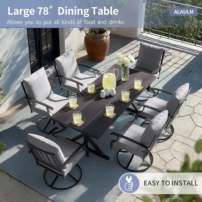 ALAULM 7-Piece Patio Dining Set,Outdoor Metal Dining Set with 6 Swivel Chairs & Rectangle Table with 1.5 Umbrella Hole, Patio Dining Table and Chairs for Backyard, Grey