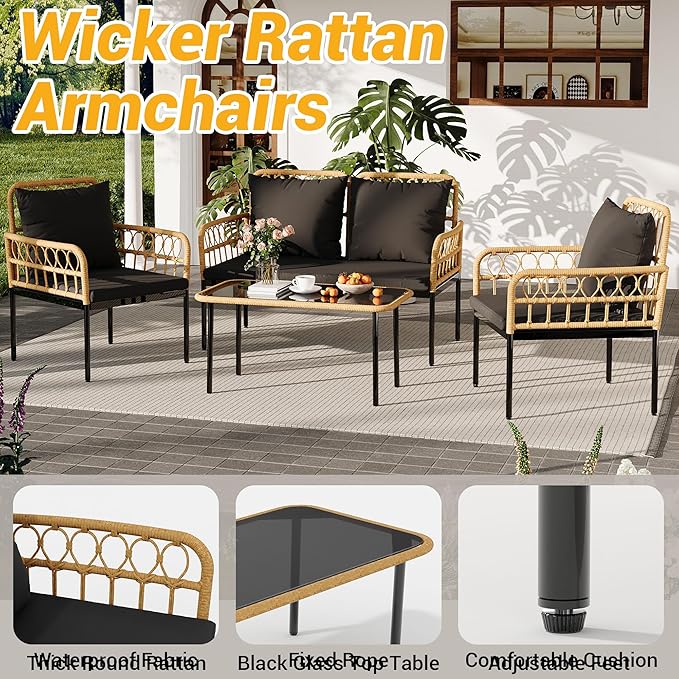 GarveeLife 4 Pieces Patio Furniture Sets Wicker Outdoor Patio Table and Chairs Set with Glass Side Table, Loveseat Chairs, Boho Rattan 4 Seater Conversation Sets for Backyard, Porch, Bistro, Black