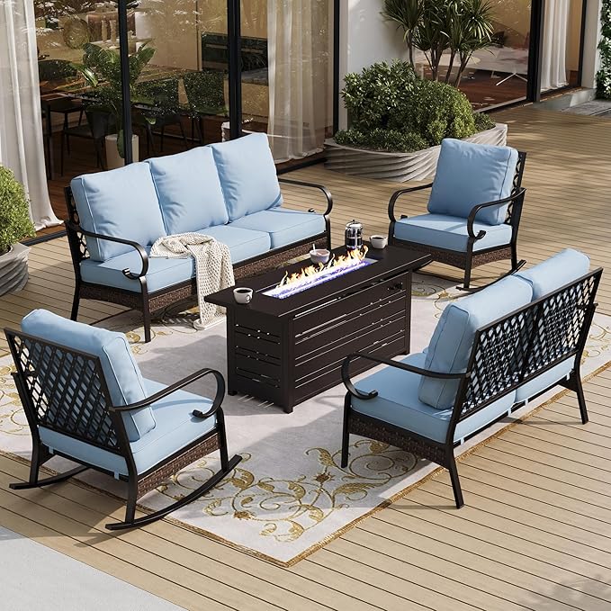 5 Piece Metal Outdoor Patio Furniture Set with Firepit Table, Patio Conversation Set 1 3-Seater Sofa, 2-Seater Loveseat, 2 Rocking Chairs with 5.75" Cushion for Backyard Deck, Blue