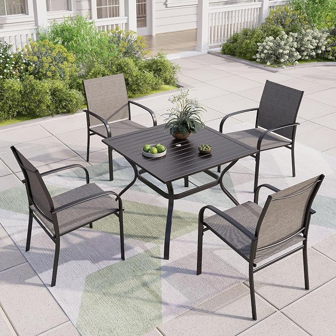 MIXPATIO 5 Pieces Patio Table and Chairs Set, 4 Person Outdoor Dining Furniture Set, 4 Brown Textilene Chairs and 37" Square Metal Table with Umbrella Hole, for Deck Backyard Lawn