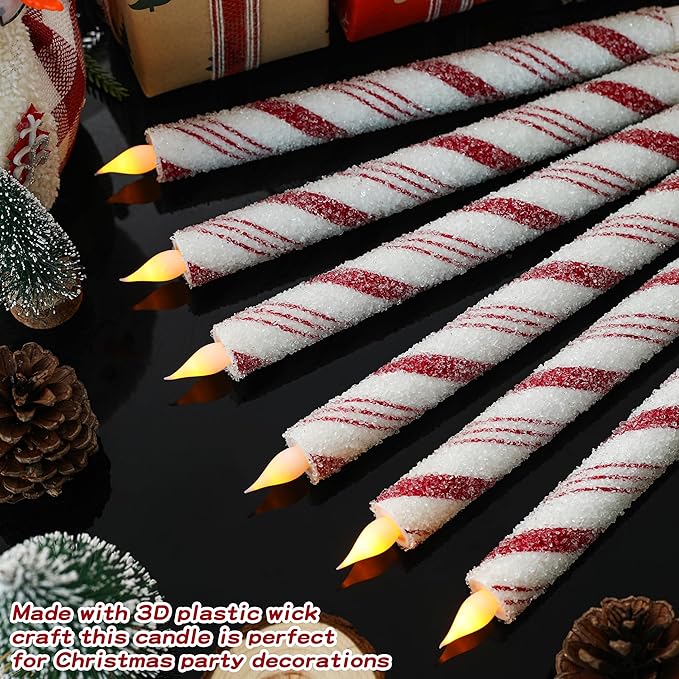 6PCS Christmas Candy Cane Flameless Taper Candles, Candy Cane Candlesticks Red and White Stripes Sea Salt Real Wax Flickering LED Battery Operated Candles for Xmas Centerpiece Decor Home Decoration