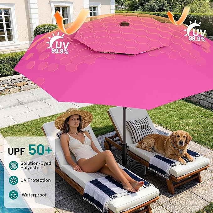 AreShark 12ft 2 Tiers Patio Umbrella - Outdoor Umbrella Waterproof UV Protection, Market Table Umbrella w/ 8 Sturdy Ribs&Crank for Pool, Porch, Garden(Rose Pink)