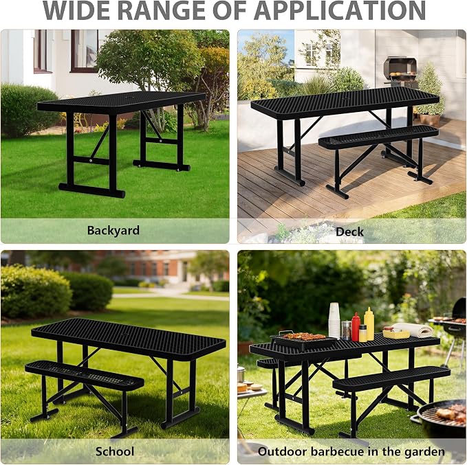 4FT Picnic Tables for Outdoors, Black Rectangular Heavy Duty Commercial Picnic Table with Umbrella Hole, Weather-Resistant Camping Table Dining Table for Backyard, Patio, Garden, Shops, Parks
