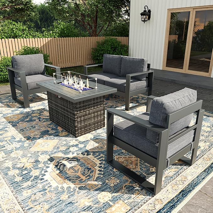 4 Piece Modern Aluminum Patio Furniture Set with Fire Pit Table, Outdoor Patio Sectional Conversation Metal Seating Sets with Olefin Cushion