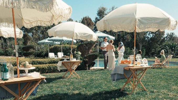 Business & Pleasure Co. Tall Folding Picnic Table - Perfect Outdoor Table for Picnics and Hosting - 4 Wine Glass Holders - Umbrella Hole - Premium Teak Hardwood
