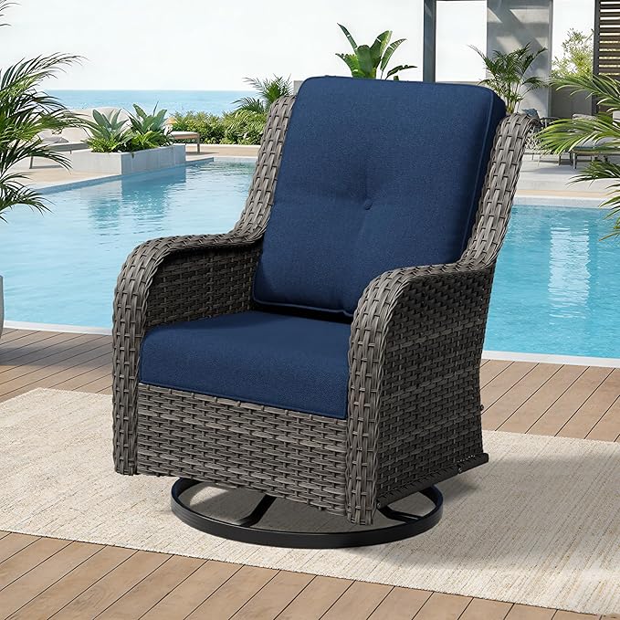 Outdoor Swivel Rocker Patio Chair - Outdoor Wicker Patio Furniture with Thickened Olefin Cushions, High Back and Deep Seating, Hand-Woven PE Rattan for Porch, Deck, Balcony, Blue