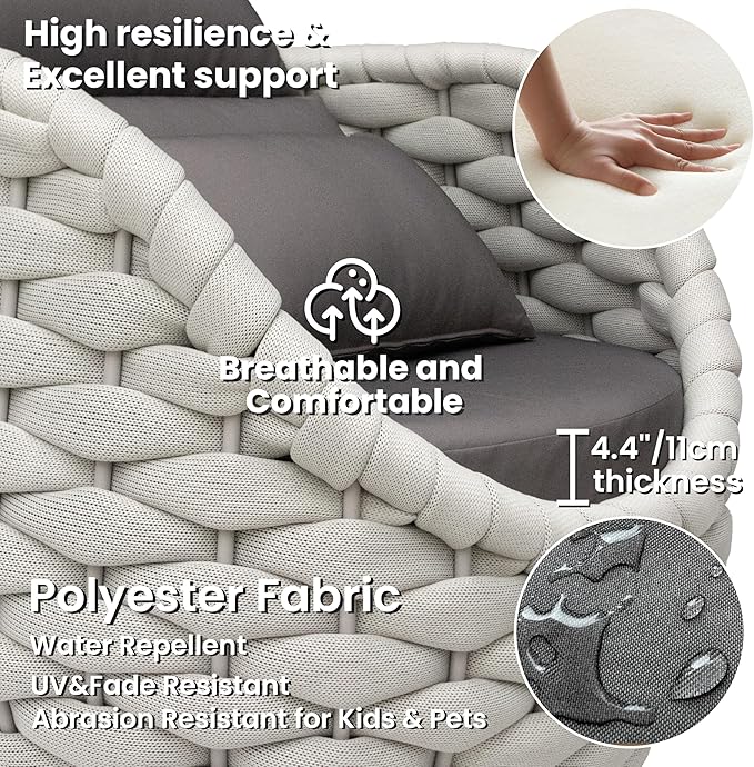 Balcony Furniture Set for Apartments: 4 Pieces Aluminum Woven Rope Patio Conversation Set - Modern Cushioned Lounge Chair Set - Assembled Porch Armchair for 400lbs Garden Lanai Poolsides Hotel