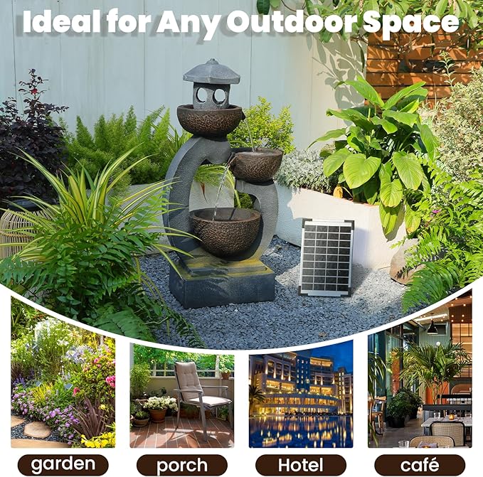 Tankana 35.5" H Solar Water Fountain Outdoor Garden 3-Tier Cascading Bowl Solar Powered Fountain Waterfall with LED Light Japanese Garden Style for Patio Yard Balcony Porch Home Decor, Bronze Finish