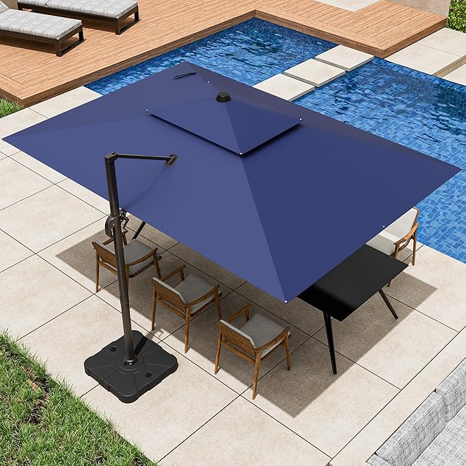 9x12FT Cantilever Patio Umbrella - Heavy Duty Double Layer Offset Design with 360° Rotation, Large Rectangle Sun Shade Umbrella for Garden, Deck, Pool, Backyard, Navy Blue