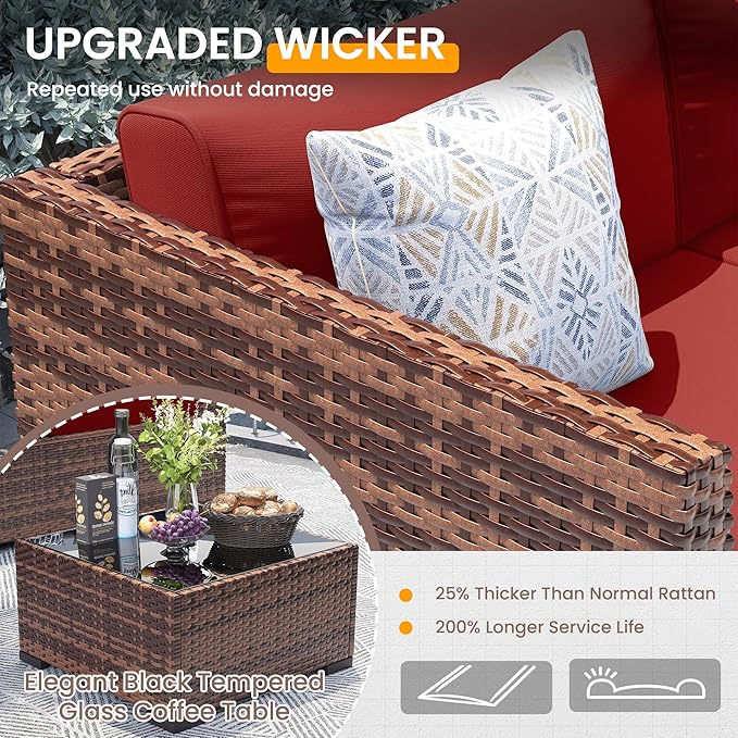 UDPATIO Patio Furniture Set with 44'' Fire Pit Table,Modular Outdoor Furniture Sets,Slanted Back Outdoor Sectional Conversation Set PE Rattan Sofa for Backyard W/Coffee Table,4'' Cushions,8 PCS,Red
