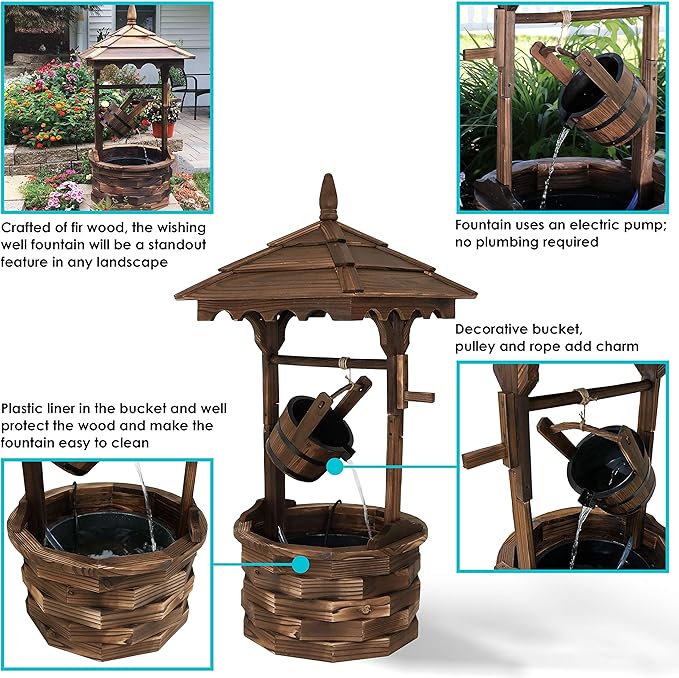 Sunnydaze Electric Water Fountain - Outdoor 48-Inch Old-Fashioned Wooden Wishing Well Garden Fountain - for Garden, Patio, Decks