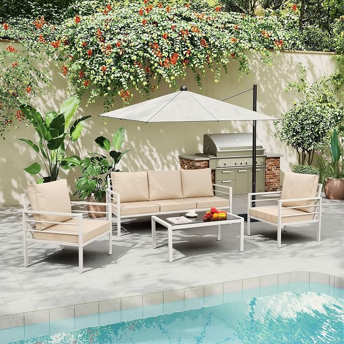Rattaner 4-Piece Patio Furniture Set White Frame Outdoor Sofa Set High Backrest Seater Glass Coffee Table All-Weather Metal Outdoor Furniture Set with Non-Slip Cushions and Waterproof Covers, Khaki