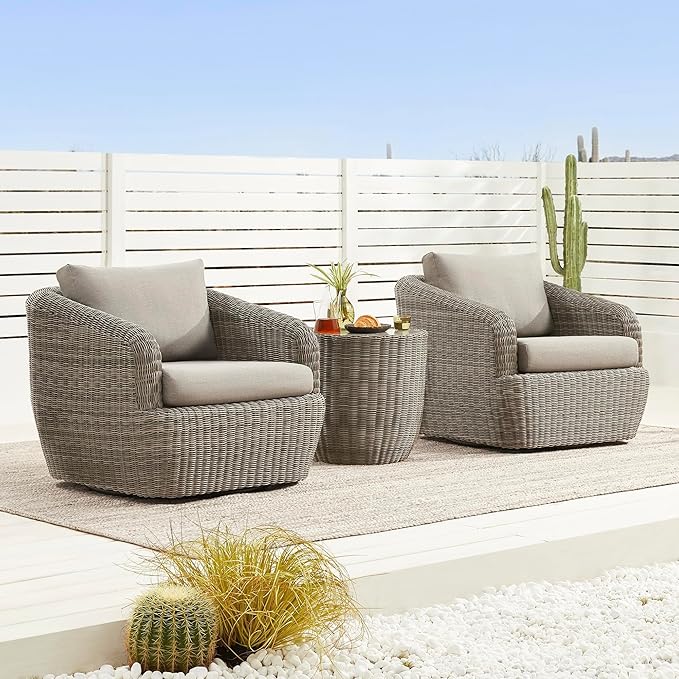 CHITA 3 Pieces Patio Wicker Furniture Set, Outdoor Rattan Bistro Set with Removable Thickened Cushions, Fully Assembled(Gray Cushions with Brownish Gray Wicker)