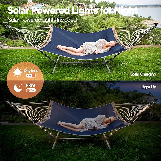 SUNCREAT Double Outdoor Hammock with 12 ft Stand, Solar Powered Lights, Portable 2 Person Hammock with Stand, Dark Blue