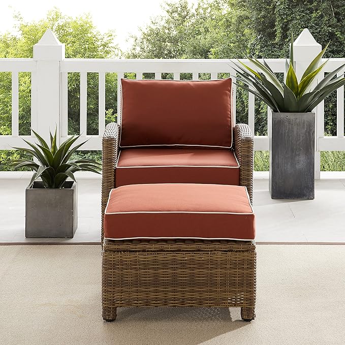 Crosley Furniture Bradenton 2-Piece Outdoor Chair and Ottoman Set, Wicker Patio Conversation Sets for Porch, Brown with Sangria Cushions