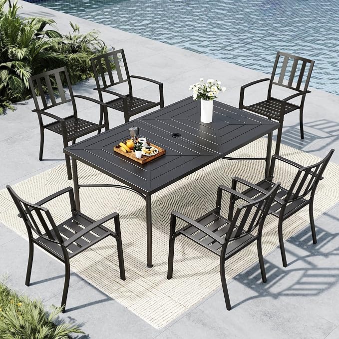 MFSTUDIO Patio Table and Chairs Set, Outdoor Dining Set for 6 with Umbrella Hole, 7 Piece Metal Outdoor Patio Furniture Set for Deck, Backyard, Poolside & Garden