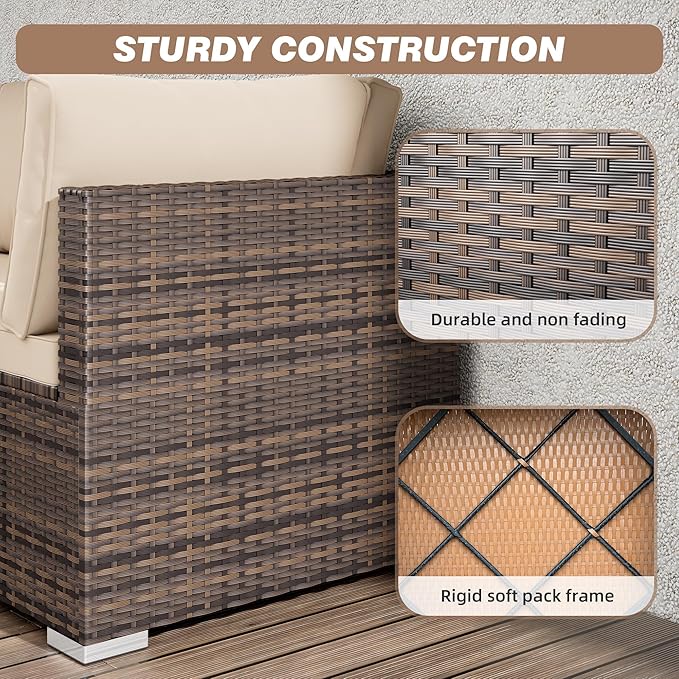 5 Piece Patio Furniture Sets, All-Weather PE Rattan Wicker Outdoor Sectional Sofa with Cushions and Glass Table for Garden Backyard Poolside