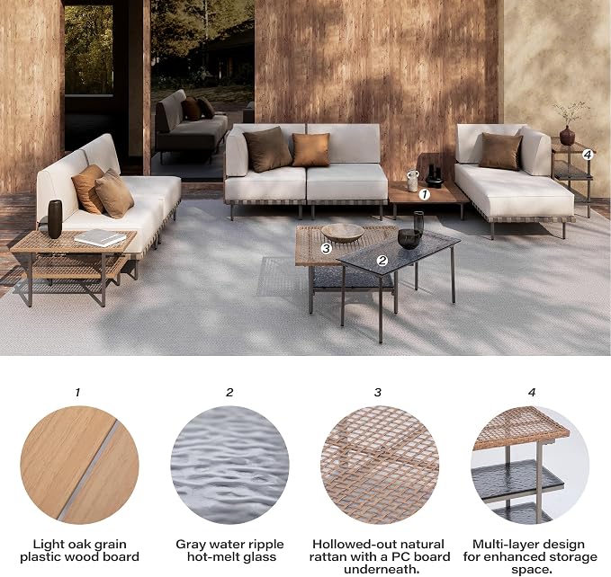 LAUSAINT HOME Outdoor Patio Furniture Set, 10-Piece Wicker Outdoor Conversation Set PE Rattan Sectional Sofa with Washable Cushions and Tempered Glass Table for Garden (Beige)