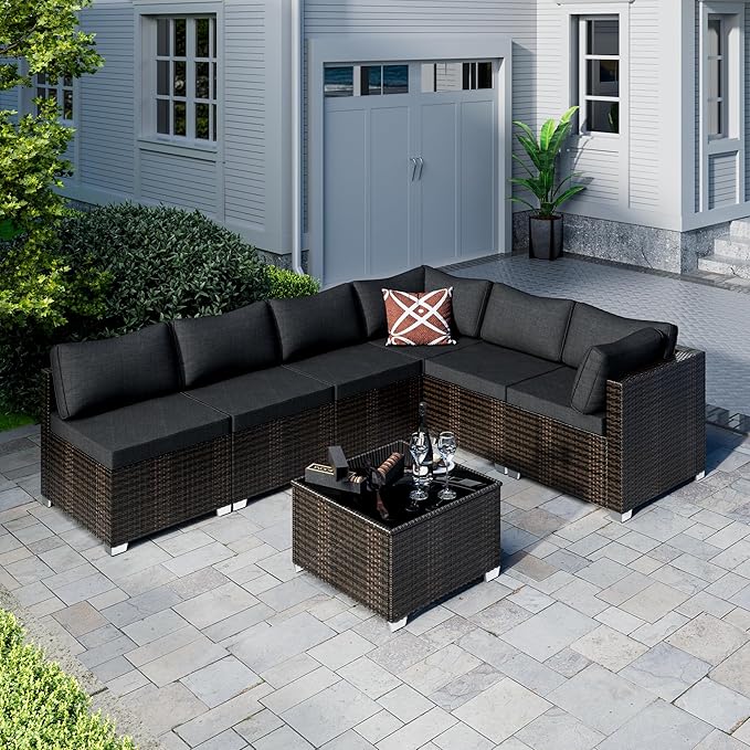 Patio Furniture Set All-Weather Outdoor Sectional Patio Furniture Set Including 7-Seated Sofa, for Any Patio,Black