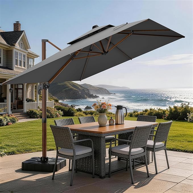 10x13FT Cantilever Outdoor Patio Umbrellas, Double Top Wood Pattern Rectangle Umbrella, Heavy Duty 360°Rotation Offset Umbrella for Garden Deck Pool Patio, Grey