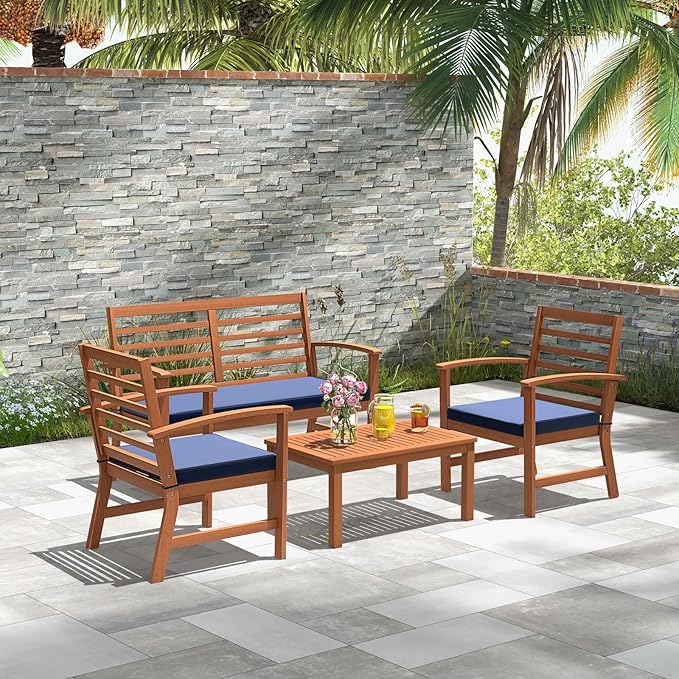Tangkula 4 Pieces Outdoor Furniture Set, Acacia Wood Conversation Set w/Soft Seat Cushions, Stable Acacia Wood Frame, Patio Sofa & Coffee Table Set for Backyard, Porch, Poolside (Navy)