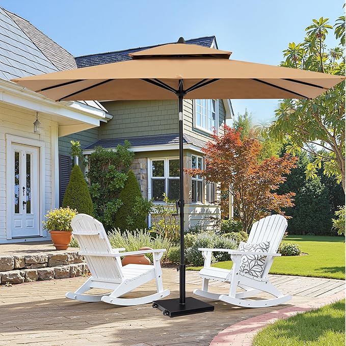 9-10ft Patio Umbrella with Base Included - Outdoor Table Umbrella with 2-Year Fade-Resistant Canopy, 43-lb Heavy-Duty Concrete Umbrella Stand with Wheel for Deck, Porch & Backyard