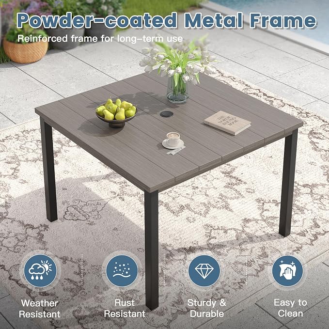 DIFY Patio Table and Chairs Set for 4, 5 Piece Outdoor Dining Set, 40.2" Grey Wood-Like Square Metal Dining Table with Umbrella Hole and 4 Grey Textilene Swivel Patio Chairs, for Garden Backyard Deck