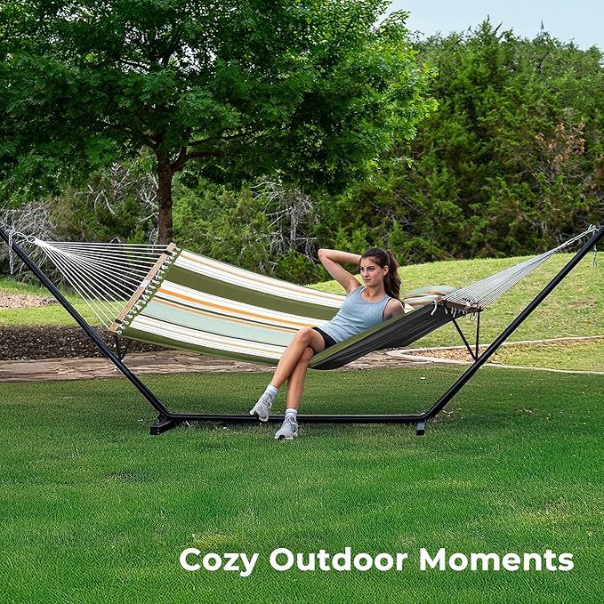SUPERJARE Hammock with Stand, 2 Person Quilted Outdoor Hammock, Detachable Pillow & Bamboo Spreaders, Portable Hammock with Carrying Bag, Heavy Duty Stand, Perfect for Outside, Patio, Retro Green