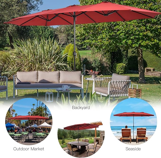 Tangkula 15FT Double-Sided Patio Umbrella with Base, Extra-Large Market Umbrella W/Crank System, Outdoor Twin Umbrella W/ 12-Rib Metal Structure & Air Vents for Garden, Backyard, Poolside (Burgundy)