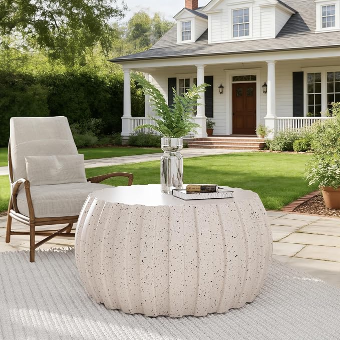 35.43" Faux Stone Coffee Table Round for Indoor or Outdoor Concrete Coffee Tables MgO Cement Center Tables for Living Room, Patio, Garden, Backyard, Balcony, Waterproof, White Drum